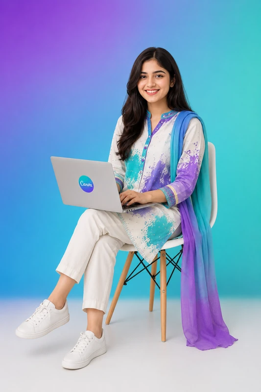A Pakistani university student smiling with a laptop