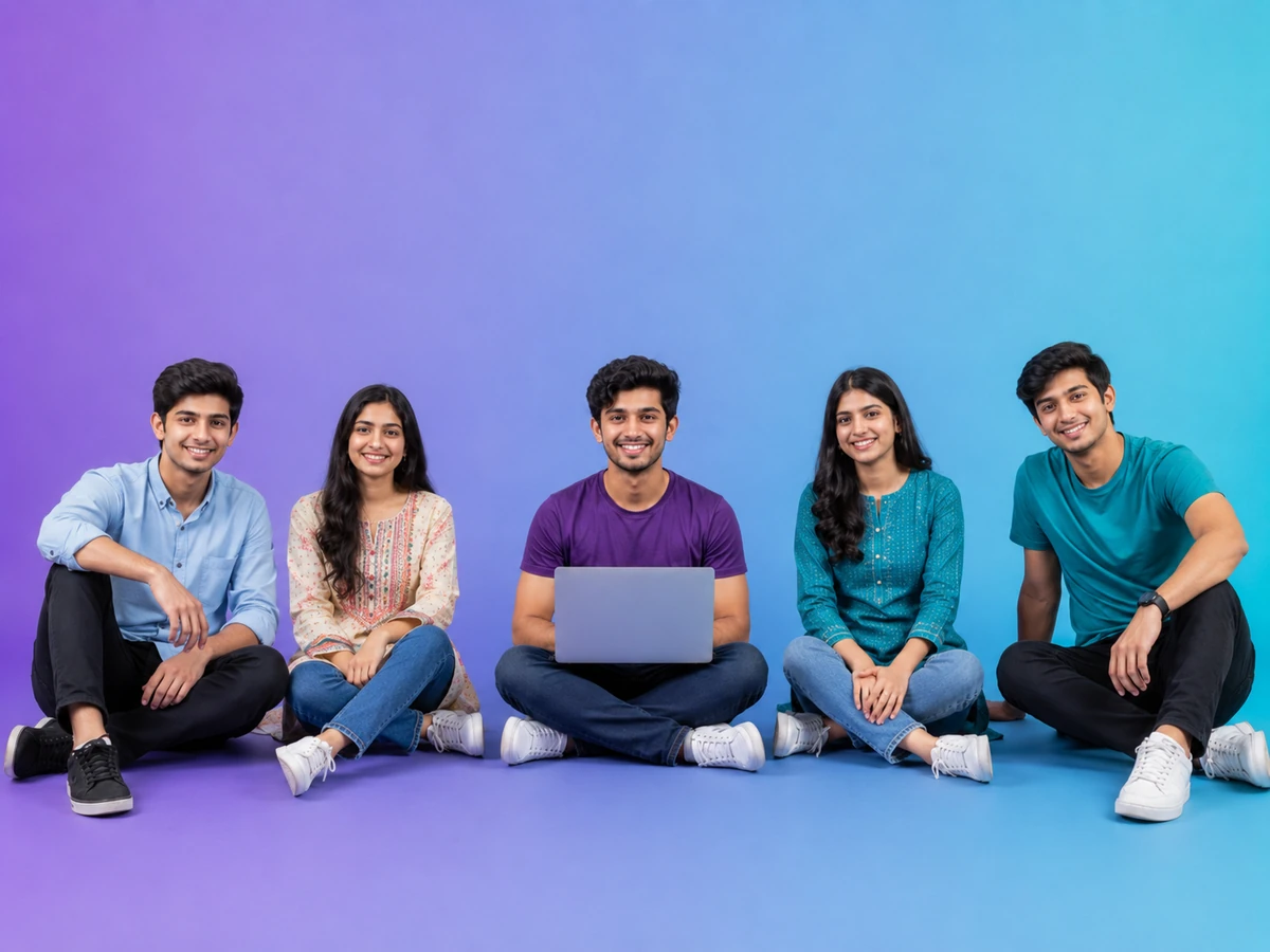 A group of five Pakistani university students sitting together with a laptop