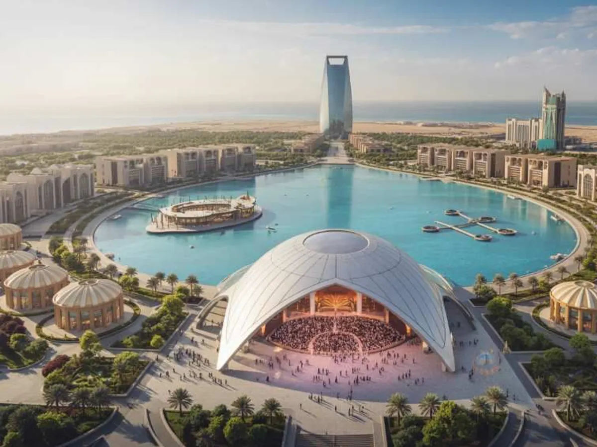 Dammam waterfront with a modern arena beside a lagoon
