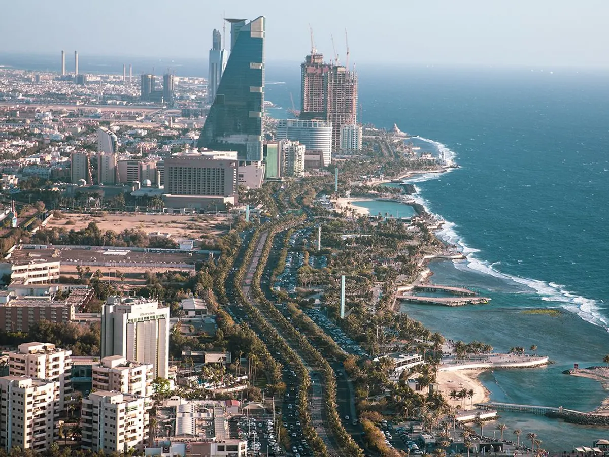 Aerial view of the Jeddah corniche and Red Sea coastline