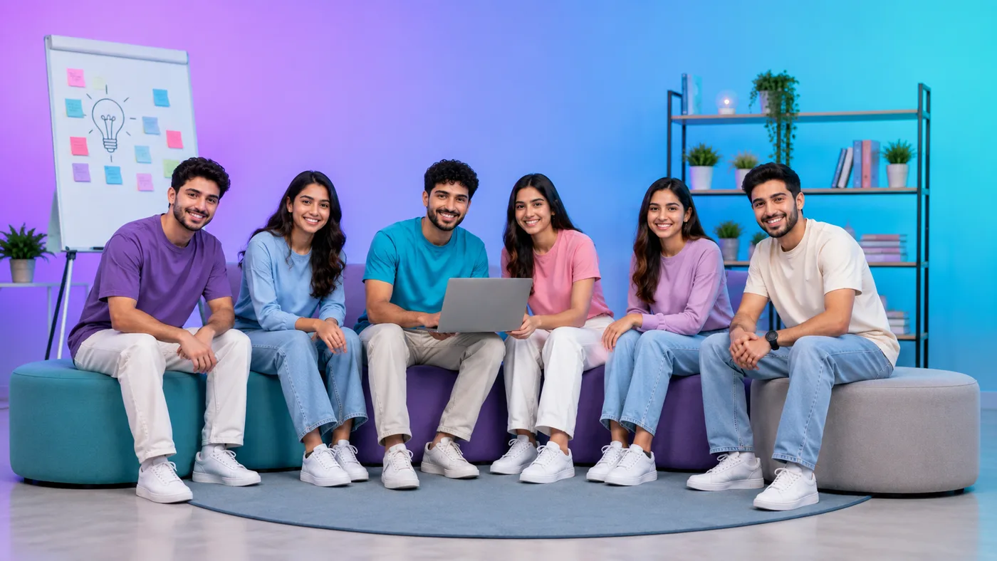 A diverse group of university students gathered around a laptop during a Canva workshop session